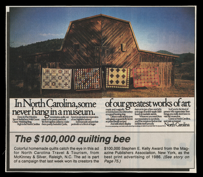 Newspaper with the following headlines: In North Carolina, some of our greatest works of art never hang in a museum. Picture of barn with quilts hanging out front; and The $100,000 quilting bee